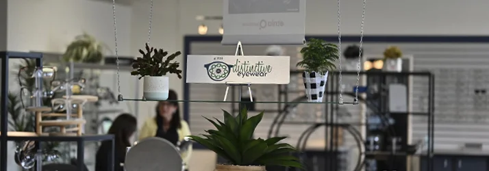 Hanging shelf with small plants and a Distinctive Eyewear sign displayed above the optical showroom.